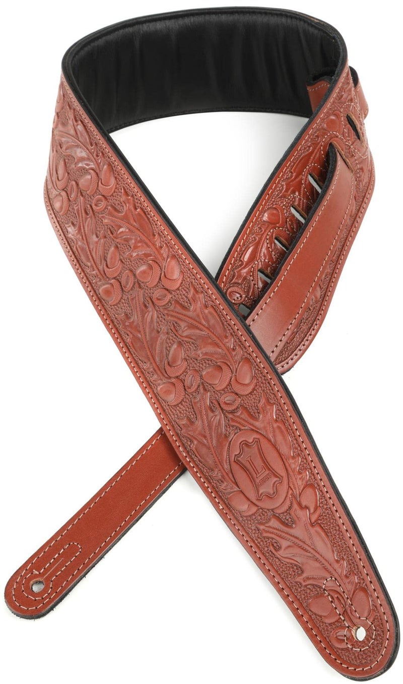 Levy's Leathers 3" Padded Veg-Tan Leather Leather Guitar Strap; Acorn and Oak Leaves Design; Walnut (PM44T01-WAL)